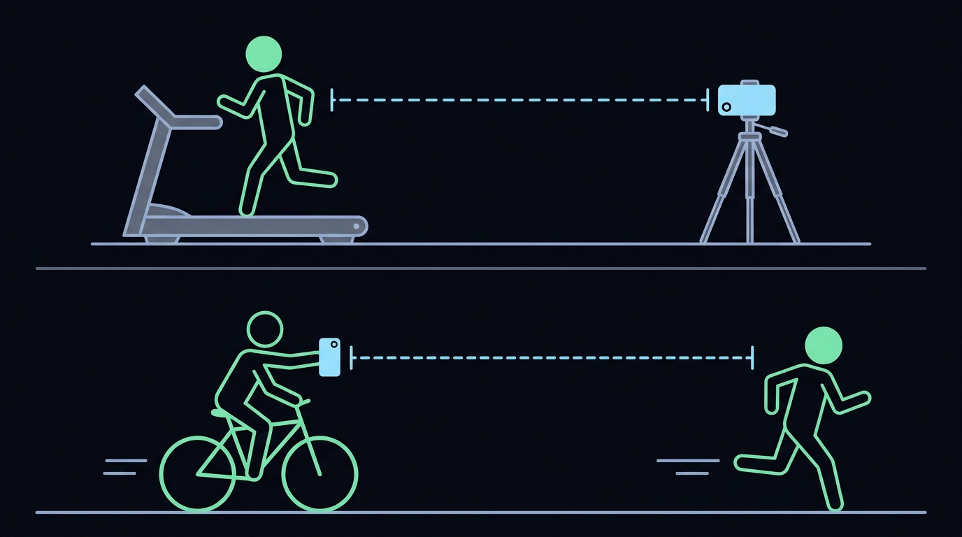 Two set-ups that work for running. Above, a treadmill with a phone on a tripod holding station directly behind it. Below, a runner with someone on a bicycle behind them holding a phone at the same fixed gap. The dimension line between camera and runner is identical in both.